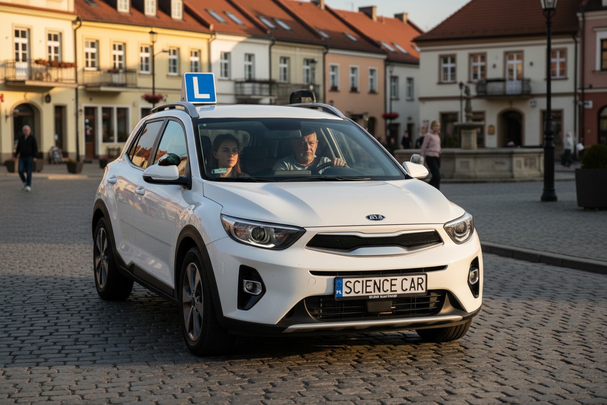 Biały samochód nauki jazdy z instruktorem i kursantką porusza się po wybrukowanym rynku w otoczeniu kamienic.
